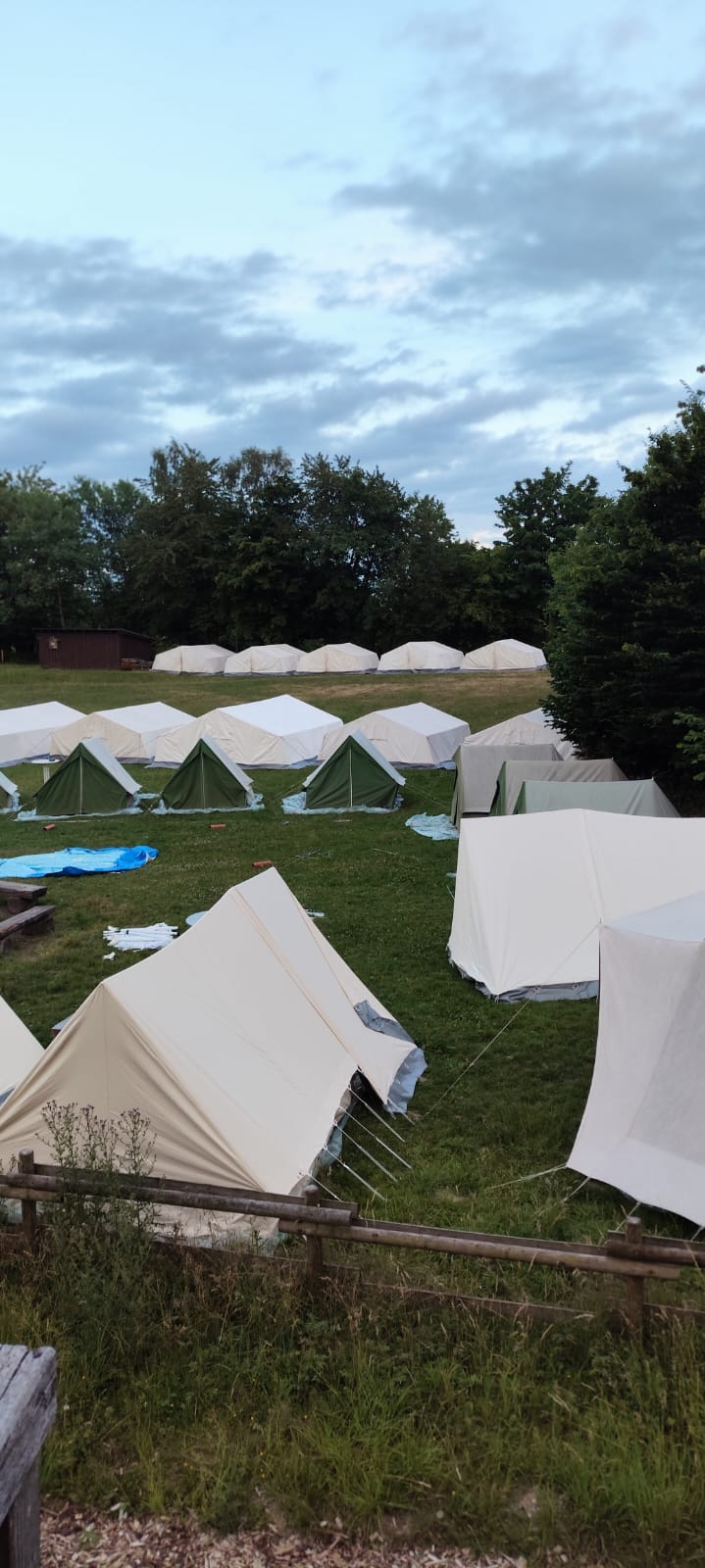 Zeltlager Kolping Velbert 2025 - Ein Foto vom Zeltlagerplatz. Mehrere weiße und kleinere grüne Zelte stehen auf einer Wiese, umgeben von Bäumen. Der Himmel ist an diesem Tag leicht bewölkt