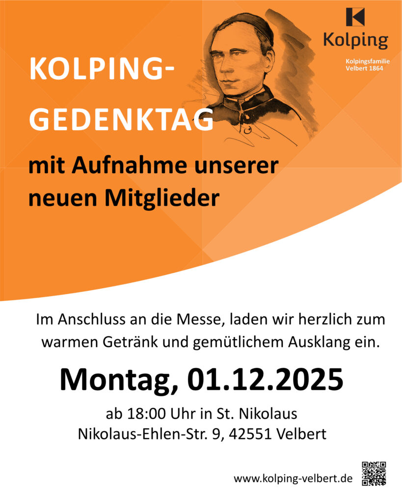 Flyer - Einladung zum Kolpinggedenktag der kolpingsfamilie Velbert am Montag, den 01.12.2025 um 18 Uhr in der Kapelle St. Nikolaus in Velbert.