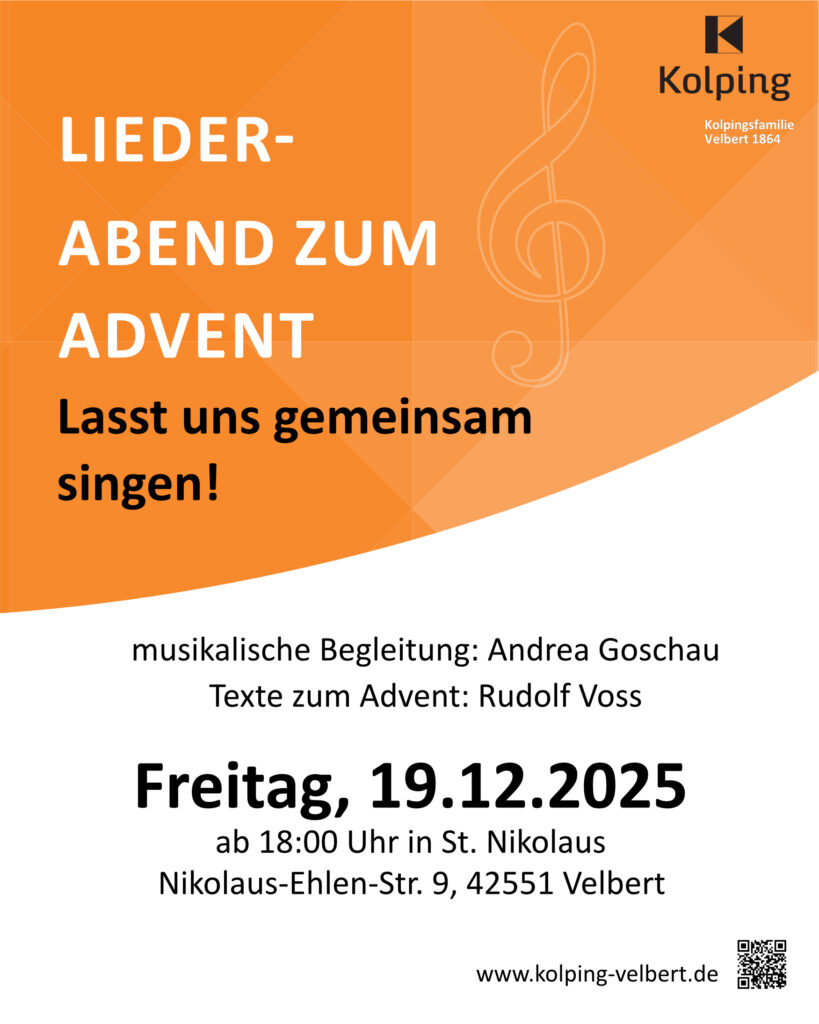 Kolpingsfamilie Velbert: Einladung zum gemeinsamen singen: Lieder zum Advent am Freitag den 19.12.2025 um 18 Uhr in der Kapelle St. Nokolaus