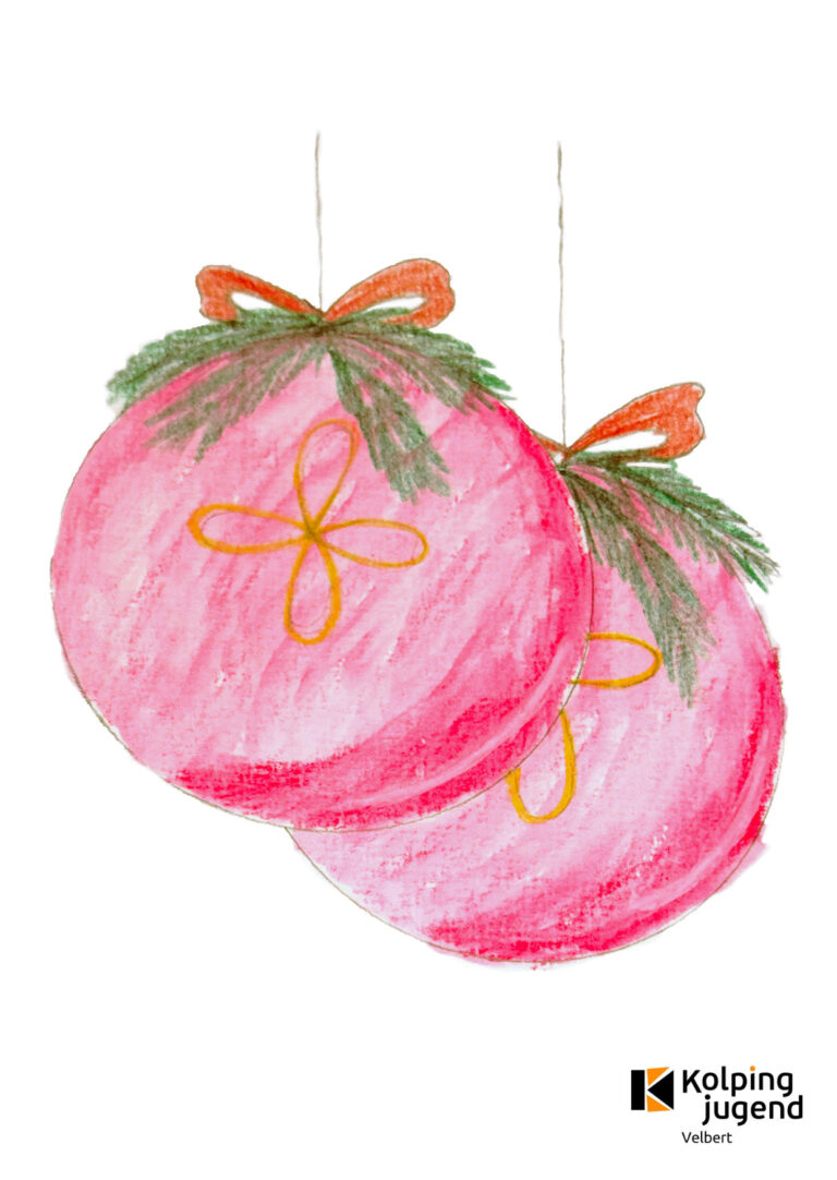 Weihnachtskarte der Kolpingjugend Velbert. Das Motiv Zeigt zwei rot/pinke Adventskugel. Sie ist mit Bundstiften gezeichnet